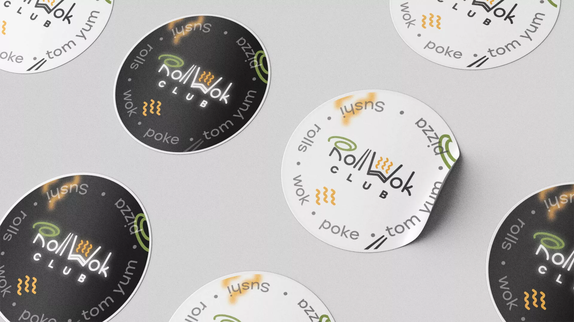 Разработка дизайна наклеек для суши-бара «Roll Wok Club» в Лысково